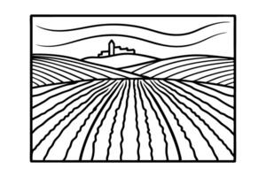 line art of rolling hills and distant village simple landscape drawing with fields vector