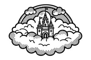 Majestic castle in clouds with rainbow, fantasy dreamland illustration vector