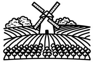 Windmill in countryside landscape with fields and trees nature, agriculture, rural scene vector