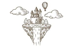 Fantasy floating island with castle, trees, clouds, and hot air balloon illustration vector