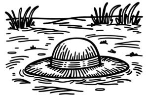 straw hat floating in calm water black and white illustration nature and tranquility theme vector