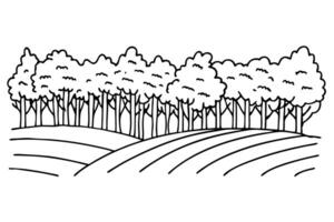Sketch of a peaceful forest landscape with trees and rolling hills, simple line art vector