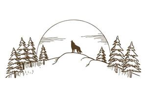 Silhouette of a howling wolf on a hilltop with pine trees and sunset sky vector