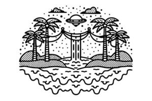 alien spaceship over island waterfall with palm trees surreal landscape, fantasy art design vector
