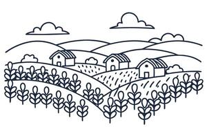 rustic countryside scene with farmhouses, fields, and rolling hills in line art illustration vector