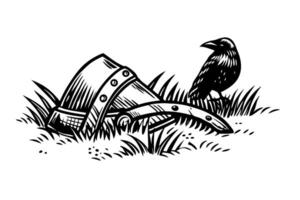 Medieval helmet and raven in grass black and white illustration of knight's armor and bird vector