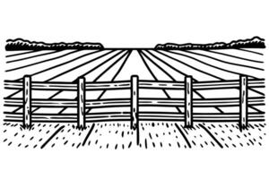 Illustration of a rural field with wooden fence and distant horizon in black and white vector