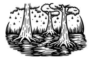 intricate black and white swamp illustration with cypress trees and glowing fireflies, serene nature scene vector