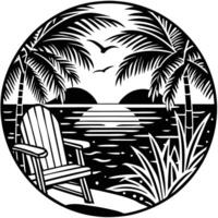 Adirondack Chair On Beach At Sunset With Palm Trees Silhouette vector