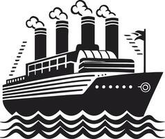 Black And White Steamship Graphic Illustration On Ocean Waters With Three Funnels vector