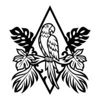 Parrot Perched On Tropical Branch In Black And White Line Art Design vector