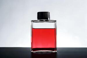 A clear glass bottle with a red liquid inside photo