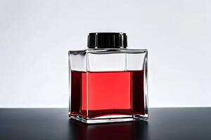 A clear red glass bottle with red liquid inside photo