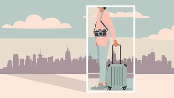 Young woman traveler with camera and suitcase walking through city with skyline in background in flat minimal style vector