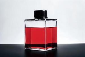 A clear glass bottle with red liquid inside photo