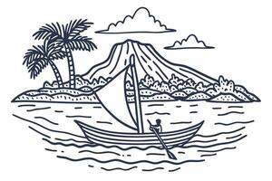 sailing boat on ocean near tropical island with palm trees and volcano in background vector