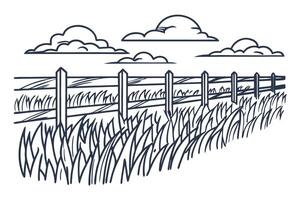 scenic countryside fence overlooking grassy field with outlined clouds in the sky, black and white sketch vector