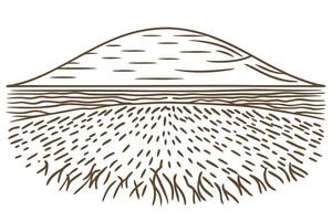 minimalist landscape illustration with mountain backdrop and textured field lines vector