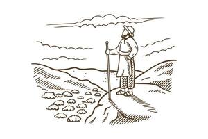 Vintage explorer gazing over scenic landscape with clouds and hills in caravan illustration vector