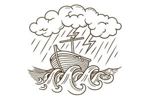 Wooden ship battling stormy sea with lightning and rain, turbulent ocean waves vector
