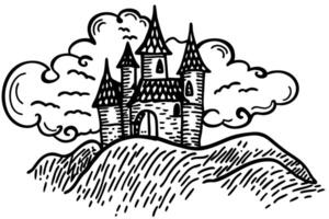 medieval castle on hill with dramatic clouds vintage fairytale illustration, enchanting fantasy art scene vector