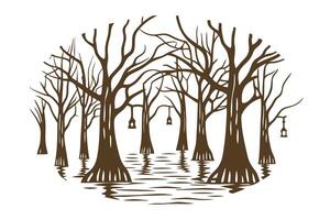 Bare trees in flooded forest with hanging lanterns, tranquil landscape, reflective water surface vector