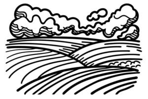 Abstract landscape drawing with swirling clouds and curved fields in black and white vector