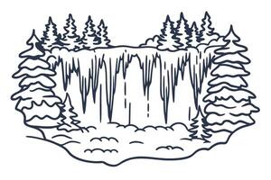 Illustrated winter waterfall scene with snowy trees in a calm forest setting vector