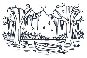 Mystical swamp scene with canoe, surreal trees, and sparkling stars in tranquil nature vector