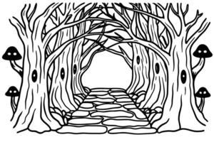 Enchanted forest path mysterious trees and mushrooms in black and white illustration vector