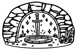 legendary sword in stone under stone archway with magical sparkles, mythical fantasy illustration vector