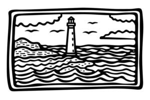 black and white lighthouse drawing with waves and clouds, nautical coastal art vector