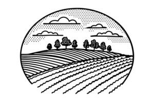 scenic countryside landscape illustration with trees, clouds, and fields in black and white vector