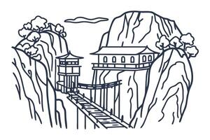 Mountain pathway and traditional building in rugged terrain, minimalist line art design vector