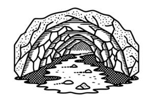 Intricate monochrome cave illustration with rocky texture and flowing stream vector