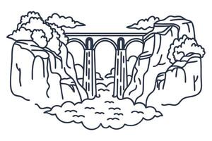 Scenic bridge with mountains and clouds in line art style, showcasing natural beauty and architecture vector