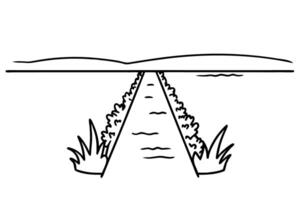 scenic path through lush landscape with distant hills and serene lake, peaceful rural view vector