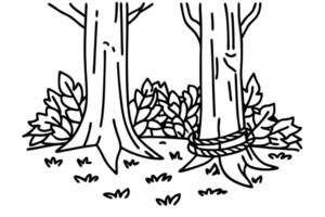 Outline of two trees with rope in forest setting, nature scene illustration vector
