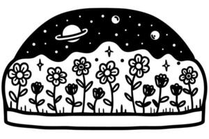 Space themed floral scene with planet and stars in black and white night sky vector