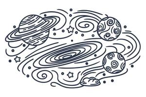Abstract space illustration planets, stars, and galaxy in whimsical line art design vector