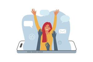 Problem of digital addiction, for woman drowning in mobile phone, due to overabundance of messages vector