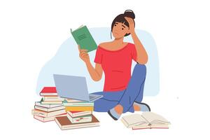 Tired female student reading books and using laptop while sitting on floor, preparing for exams vector