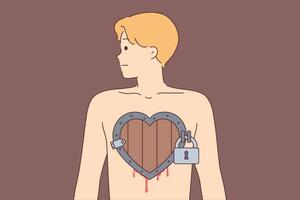 Man with broken heart stands shirtless, showing bloody streaks and padlock on chest vector