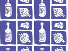 Hand-drawn Italian food seamless pattern featuring wine bottles, cheese, and artichokes in square blocks. Inspired by ink pen drawings. Ideal for packaging, fabric, and culinary-themed design. vector