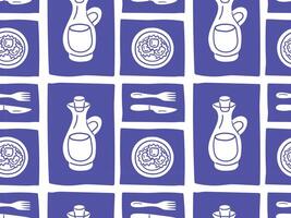 Seamless Italian kitchen pattern with olive oil bottles, ravioli plates, and cutlery. Hand-drawn in an ink-inspired look. Great for wrapping, fabric, menu design, and culinary branding. vector
