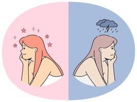 Women in opposite mood with thundercloud and spring flowers overhead, metaphor influence of climate vector