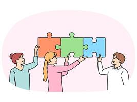 Teamwork business people putting together puzzle to jointly solve problem increasing company profits vector
