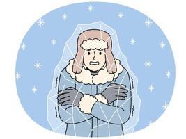 Frozen man stands inside block of ice and chatters teeth, suffering due to sudden climate change vector