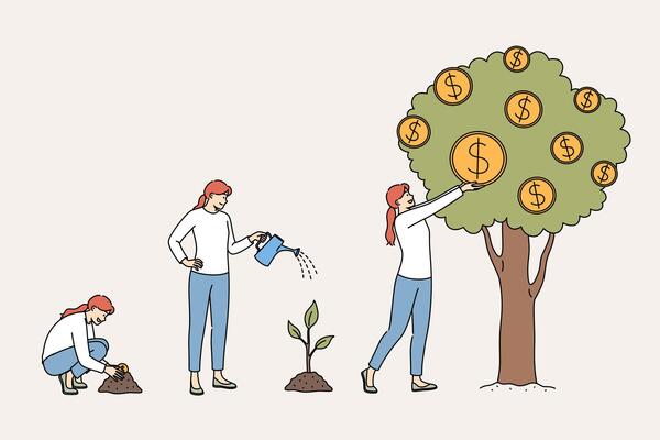 Financial progress is demonstrated by woman planting coin in ground and seeing tree grow