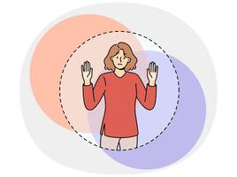 Sad woman cannot get out transparent circle symbolizing comfort zone and stands with hands raised vector